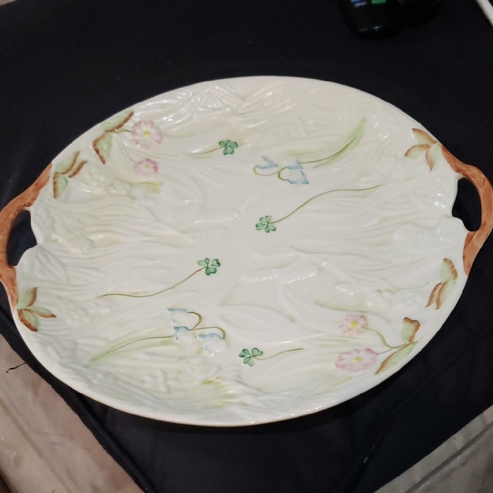 Belleck Irish Heritage.  Floral Embossed Ceramic Serving Platter with Handles.
